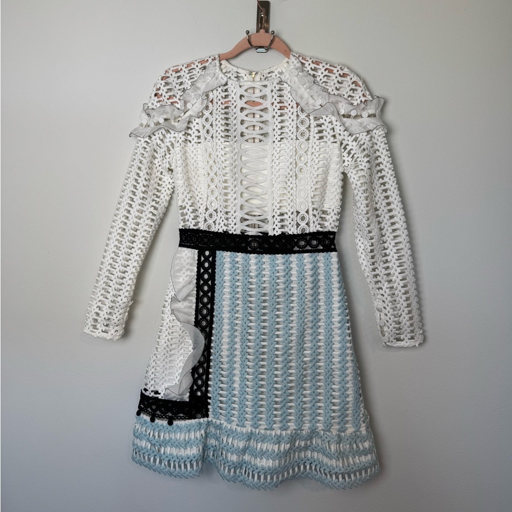 SELF-PORTRAIT White Blue Frill Shoulder Panel Lace Mini Dress US4/UK8 - Picture 3 of 12